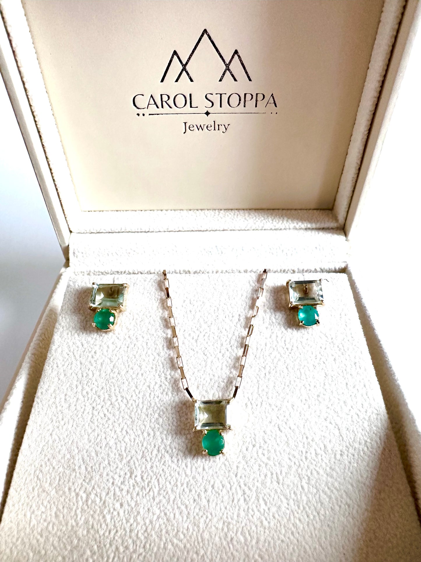 Collier pendentif en or 18 carats avec prasiolite et chrysoprase et auvent vert