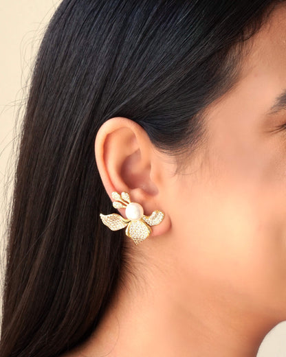 Flora | Crystal Pearl Pavé 18K Gold Flower Earrings