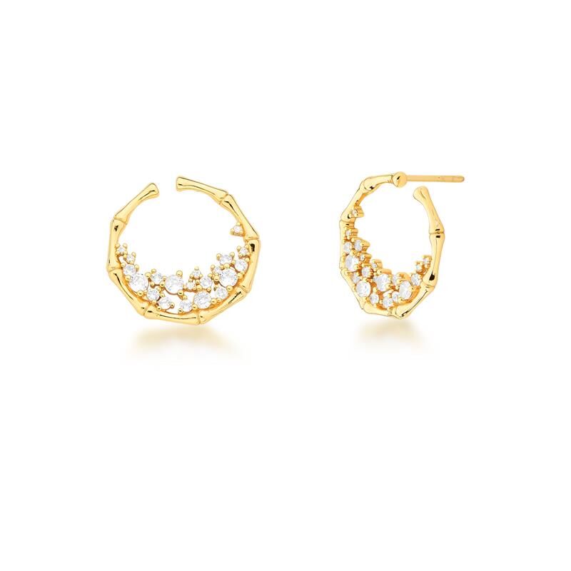 Bamboo Grace | 18K Gold Curved Earrings with Crystals