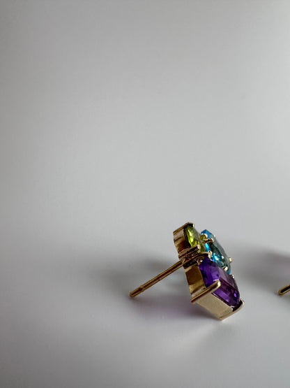 Skyfall Cascade – Topaz, Amethyst, and Peridot 18k Gold stud  earrings