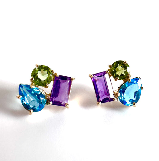 Skyfall Cascade – Topaz, Amethyst, and Peridot 18k Gold stud  earrings