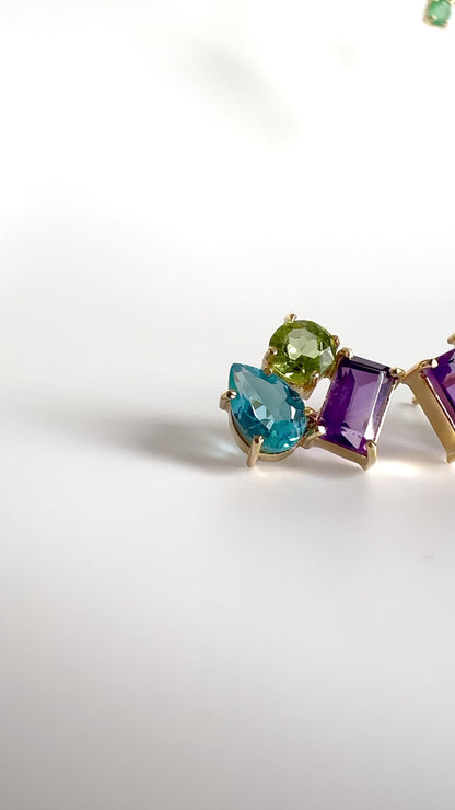 Skyfall Cascade – Topaz, Amethyst, and Peridot 18k Gold stud  earrings